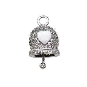 copper Bell pendant pave zircon, white enamel, platinum plated, approx 12mm, 8mm thickness