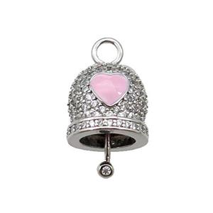 copper Bell pendant pave zircon, pink enamel, platinum plated, approx 12mm, 8mm thickness
