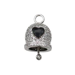copper Bell pendant pave zircon, black enamel, platinum plated, approx 12mm, 8mm thickness
