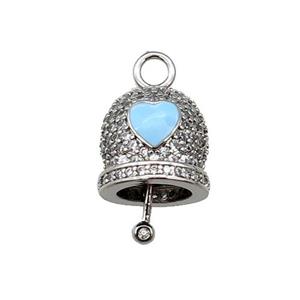 copper Bell pendant pave zircon, blue enamel, platinum plated, approx 12mm, 8mm thickness