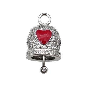 copper Bell pendant pave zircon, red enamel, platinum plated, approx 12mm, 8mm thickness