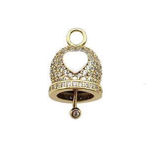 copper Bell pendant pave zircon, white enamel, gold plated, approx 12mm, 8mm thickness