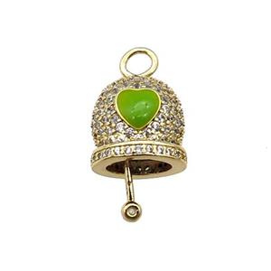 copper Bell pendant pave zircon, green enamel, gold plated, approx 12mm, 8mm thickness
