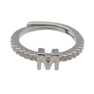 copper Ring pave zircon, letter-M, adjustable, platinum plated, approx 18mm dia
