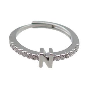 copper Ring pave zircon, letter-N, adjustable, platinum plated, approx 18mm dia