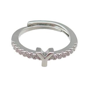 copper Ring pave zircon, letter-Y, adjustable, platinum plated, approx 18mm dia