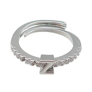 copper Ring pave zircon, letter-Z, adjustable, platinum plated, approx 18mm dia