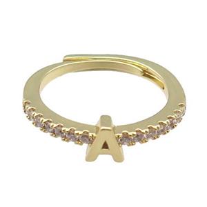 copper Ring pave zircon, letter-A, adjustable, gold plated, approx 18mm dia