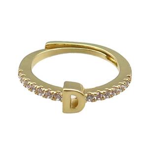copper Ring pave zircon, letter-D, adjustable, gold plated, approx 18mm dia
