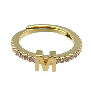 copper Ring pave zircon, letter-M, adjustable, gold plated, approx 18mm dia