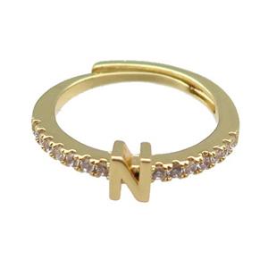 copper Ring pave zircon, letter-N, adjustable, gold plated, approx 18mm dia