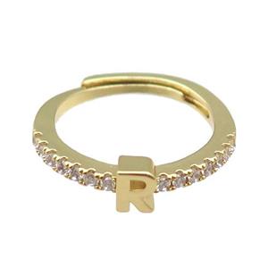 copper Ring pave zircon, letter-R, adjustable, gold plated, approx 18mm dia