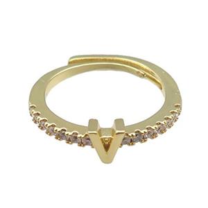 copper Ring pave zircon, letter-V, adjustable, gold plated, approx 18mm dia
