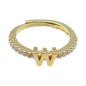 copper Ring pave zircon, letter-W, adjustable, gold plated, approx 18mm dia