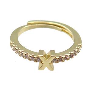 copper Ring pave zircon, letter-X, adjustable, gold plated, approx 18mm dia