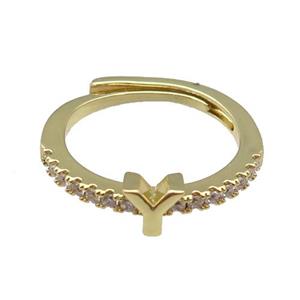 copper Ring pave zircon, letter-Y, adjustable, gold plated, approx 18mm dia