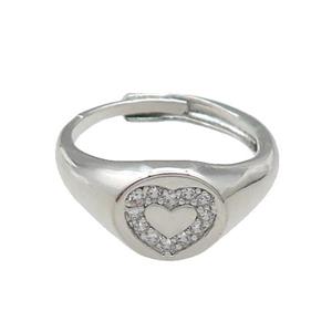 copper Heart Ring pave zircon, adjustable, platinum plated, approx 10mm, 18mm dia