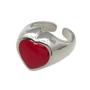 copper Heart Ring red enamel platinum plated, approx 17mm, 18mm dia