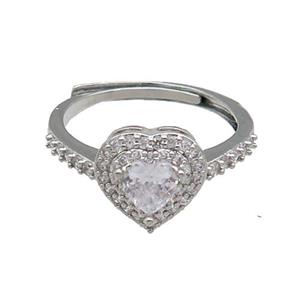 copper Heart Ring pave zircon adjustable platinum plated, approx 10mm, 18mm dia