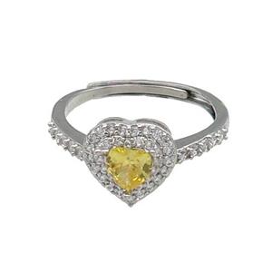 copper Heart Ring pave zircon yellow adjustable platinum plated, approx 10mm, 18mm dia