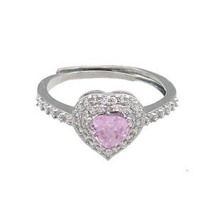 copper Heart Ring pave zircon pink adjustable platinum plated, approx 10mm, 18mm dia