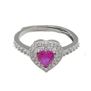 copper Heart Ring pave zircon hotpink adjustable platinum plated, approx 10mm, 18mm dia
