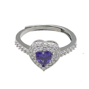 copper Heart Ring pave zircon purple adjustable platinum plated, approx 10mm, 18mm dia