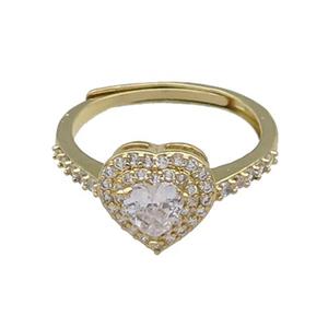 copper Heart Ring pave zircon adjustable gold plated, approx 10mm, 18mm dia