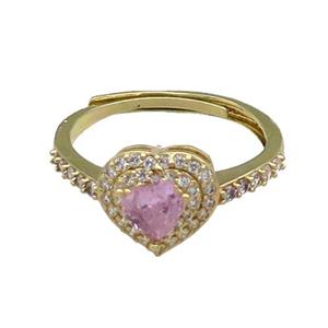 copper Heart Ring pave zircon pink adjustable gold plated, approx 10mm, 18mm dia
