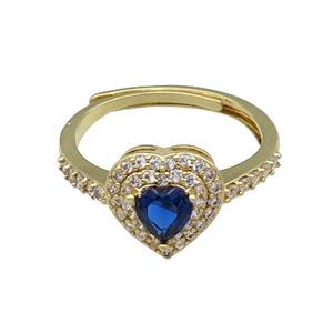 copper Heart Ring pave zircon blue adjustable gold plated, approx 10mm, 18mm dia