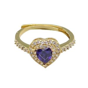 copper Heart Ring pave zircon purple adjustable gold plated, approx 10mm, 18mm dia