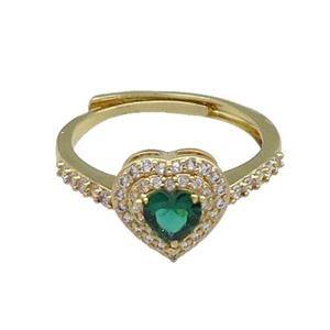 copper Heart Ring pave zircon green adjustable gold plated, approx 10mm, 18mm dia