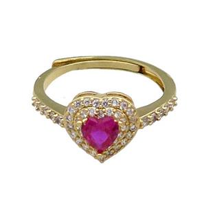 copper Heart Ring pave zircon hotpink adjustable gold plated, approx 10mm, 18mm dia