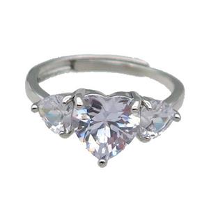 copper Heart Ring pave zircon adjustable platinum plated, approx 9mm, 5mm, 18mm dia