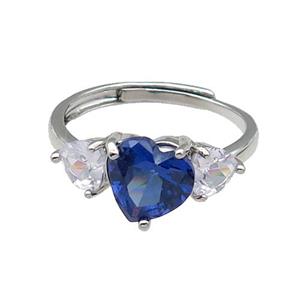 copper Heart Ring pave zircon blue adjustable platinum plated, approx 9mm, 5mm, 18mm dia