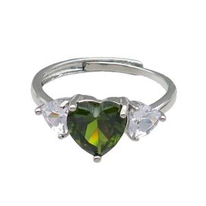 copper Heart Ring pave zircon olive adjustable platinum plated, approx 9mm, 5mm, 18mm dia