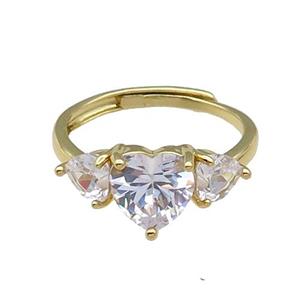 copper Heart Ring pave zircon adjustable gold plated, approx 9mm, 5mm, 18mm dia