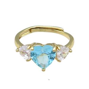 copper Heart Ring pave zircon aqua adjustable gold plated, approx 9mm, 5mm, 18mm dia