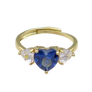 copper Heart Ring pave zircon blue adjustable gold plated, approx 9mm, 5mm, 18mm dia