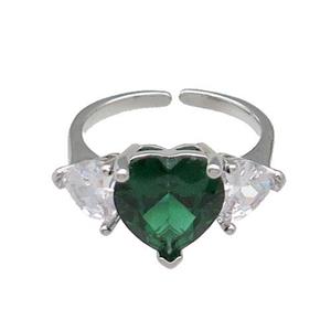 copper Heart Ring pave zircon green adjustable platinum plated, approx 11mm, 6mm, 18mm dia