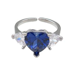 copper Heart Ring pave zircon blue adjustable platinum plated, approx 11mm, 6mm, 18mm dia