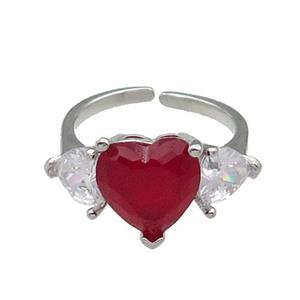 copper Heart Ring pave zircon red adjustable platinum plated, approx 11mm, 6mm, 18mm dia