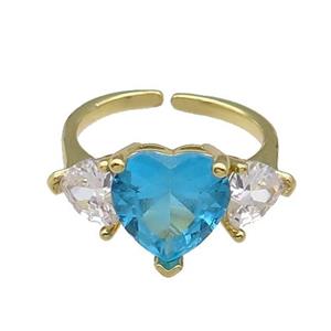 copper Heart Ring pave zircon aqua adjustable gold plated, approx 11mm, 6mm, 18mm dia