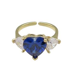 copper Heart Ring pave zircon blue adjustable gold plated, approx 11mm, 6mm, 18mm dia