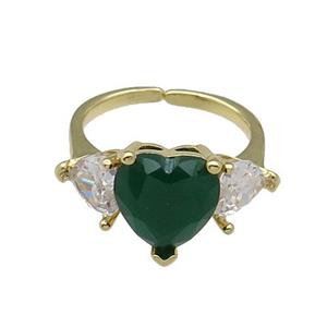 copper Heart Ring pave zircon green adjustable gold plated, approx 11mm, 6mm, 18mm dia