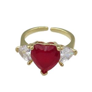 copper Heart Ring pave zircon red adjustable gold plated, approx 11mm, 6mm, 18mm dia