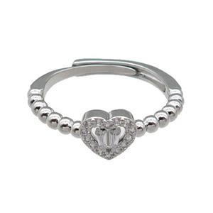 copper Heart Ring pave zircon adjustable platinum plated, approx 7mm, 18mm dia
