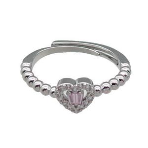 copper Heart Ring pave zircon pink adjustable platinum plated, approx 7mm, 18mm dia