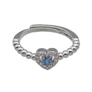 copper Heart Ring pave zircon blue adjustable platinum plated, approx 7mm, 18mm dia