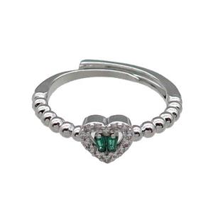 copper Heart Ring pave zircon green adjustable platinum plated, approx 7mm, 18mm dia